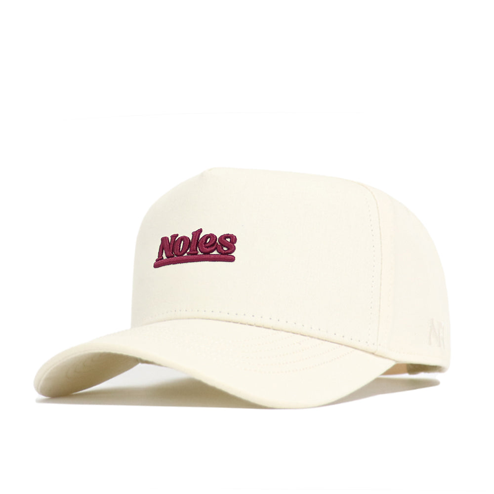 The No Rivals Florida State Sideline Hat is a cream-colored baseball cap featuring "Noles" embroidered in maroon, made from high-quality cotton with a snapback closure, curved brim, and structured crown for a stylish, comfortable fit.