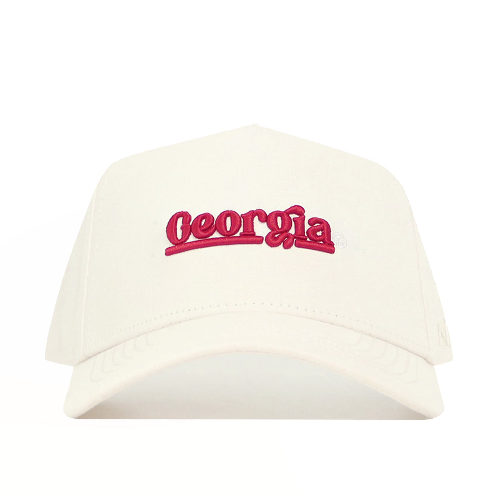 The No Rivals Georgia Sideline Hat is a white cotton baseball cap featuring "Georgia" embroidered in red cursive on the front.
