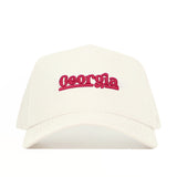 The No Rivals Georgia Sideline Hat is a white cotton baseball cap featuring "Georgia" embroidered in red cursive on the front.