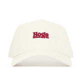 The Arkansas Sideline Hat by No Rivals is a white snapback made from high-quality cotton, featuring "Hogs" embroidered in red on the front.