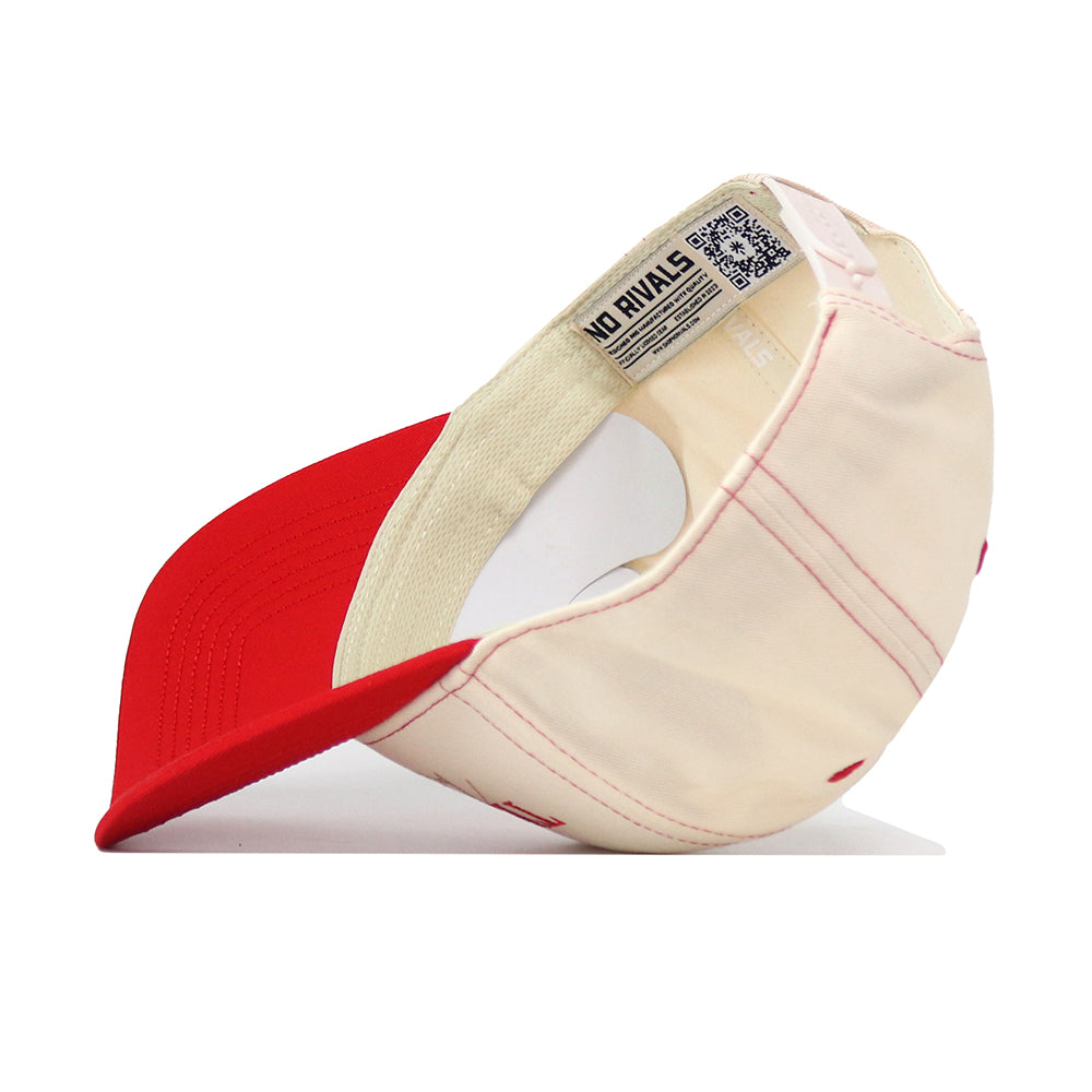 The Texas Tech Red Raiders Vintage Hat by No Rivals is displayed upside down, highlighting the inside panel label, stitching details, and a QR code. Made from high-quality cotton, this snapback features a bold red brim paired with a beige crown and visible seams—an ideal finishing touch for your gameday look.