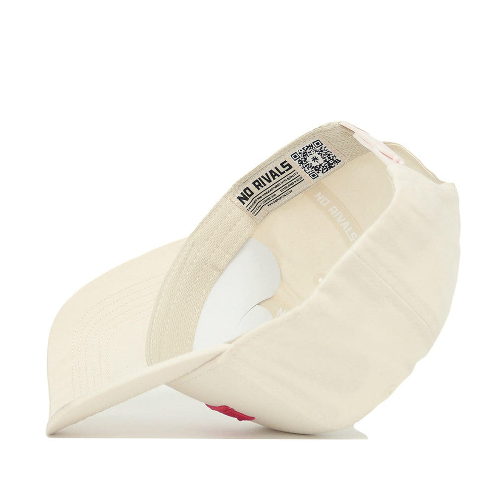 The Western Kentucky Sideline Hat by No Rivals is a cream-colored baseball cap made of quality cotton, shown from the side and inside with a NO RIVALS tag, QR code, and red lettering on the front.