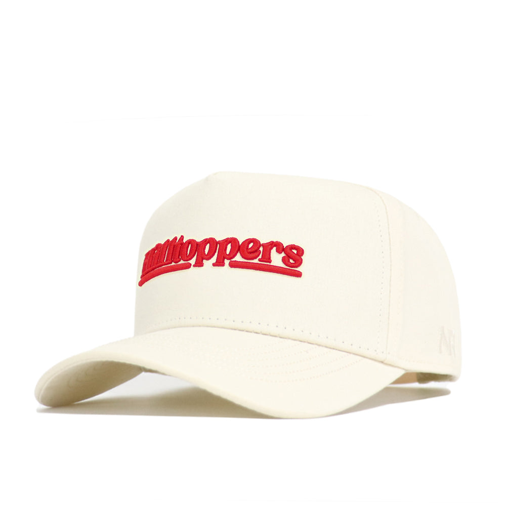 The No Rivals Western Kentucky Sideline Hat is a cream cotton baseball cap with "Hilltoppers" boldly embroidered in red, featuring a curved brim, visible stitching, and a structured fit for comfort.