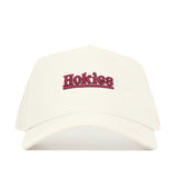 The No Rivals Virginia Tech Sideline Hat is a white snapback made of quality cotton with a structured fit, featuring "Hokies" embroidered in maroon on the front.