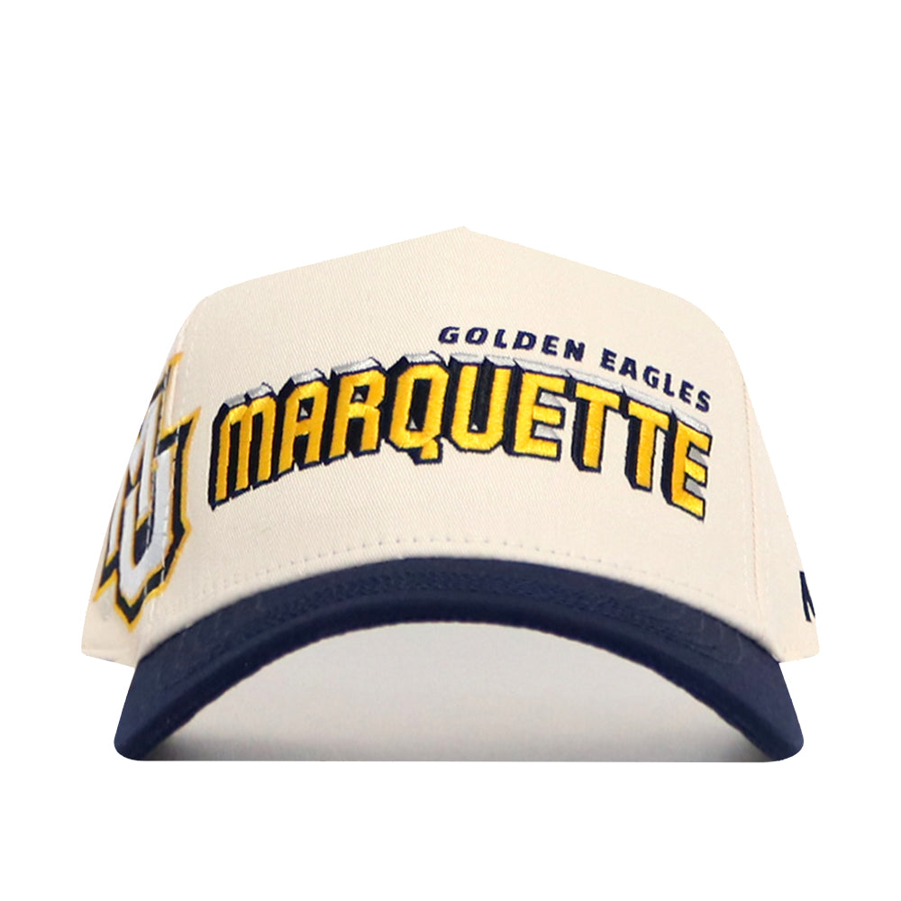 The Marquette Alma Mater Hat by No Rivals is a white snapback with a navy blue brim, made from premium cotton. It features GOLDEN EAGLES MARQUETTE and a logo embroidered on the front, and is officially licensed for fans.