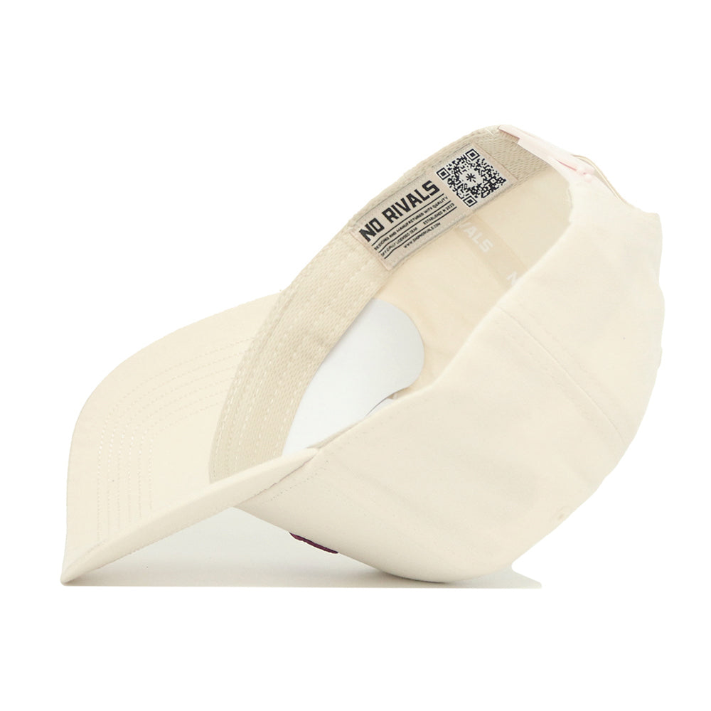 The Virginia Tech Sideline Hat by No Rivals is a cream-colored snapback made of high-quality cotton, shown inside out to display its inner band with printed text and a QR code, resting on a white surface.
