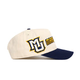 The Marquette Alma Mater Hat by No Rivals is a cream snapback with a dark blue brim, featuring the MU logo and "Marquette" in blue and gold embroidery. Made from high-quality cotton and officially licensed.