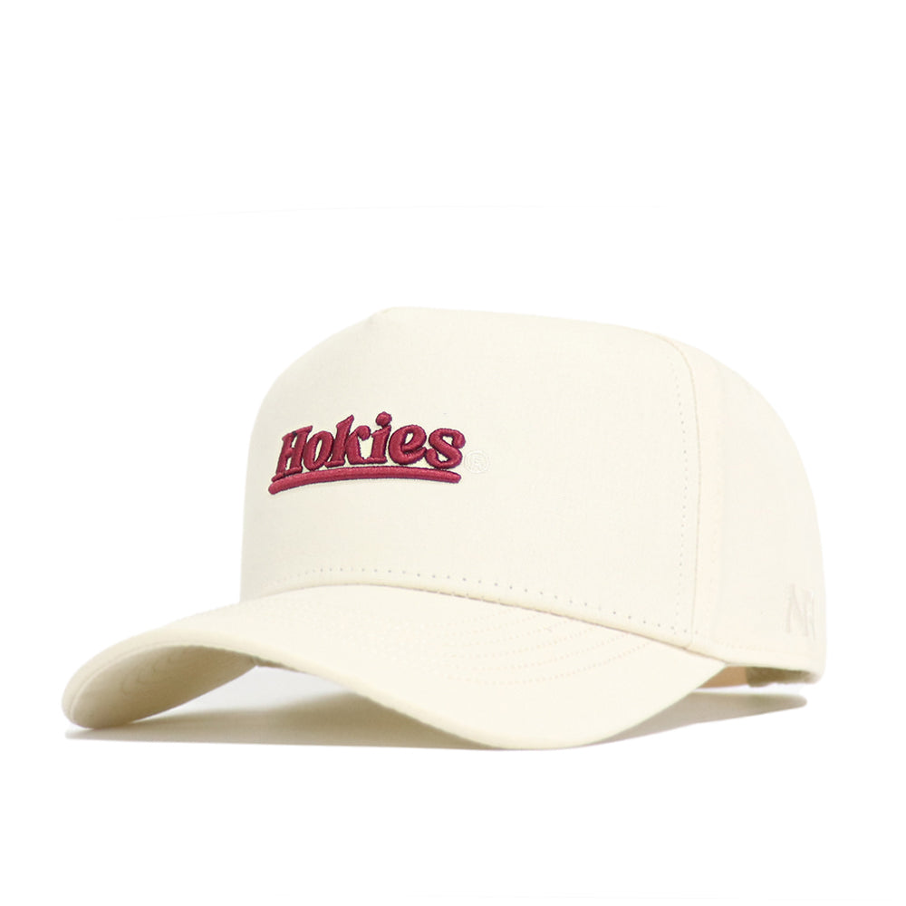 The No Rivals Virginia Tech Sideline Hat is a cream snapback with "Hokies" embroidered in maroon and white. Made from quality cotton, it features a curved brim and structured fit for comfort and style.