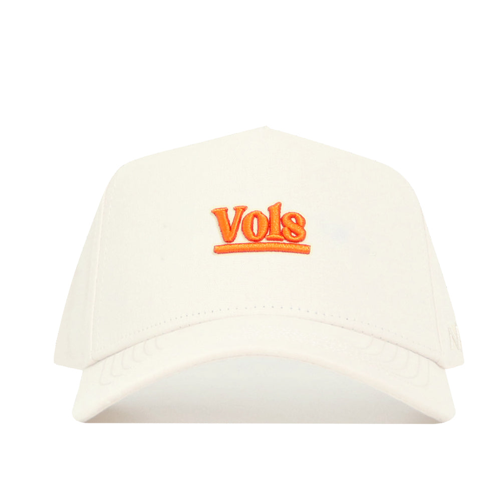 The No Rivals Tennessee Sideline Hat is a white snapback featuring "Vols" embroidered in orange with a yellow outline on the front, made from high-quality cotton for a comfortable, structured fit.