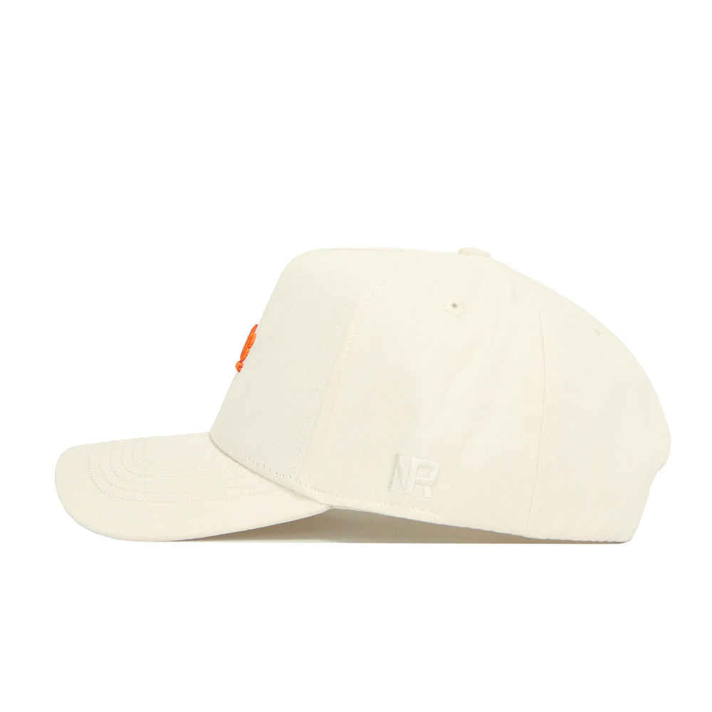 The No Rivals Tennessee Sideline Hat is a cream snapback with a structured fit, curved brim, orange front embroidery, and small white NR embroidery on the side above the ear.