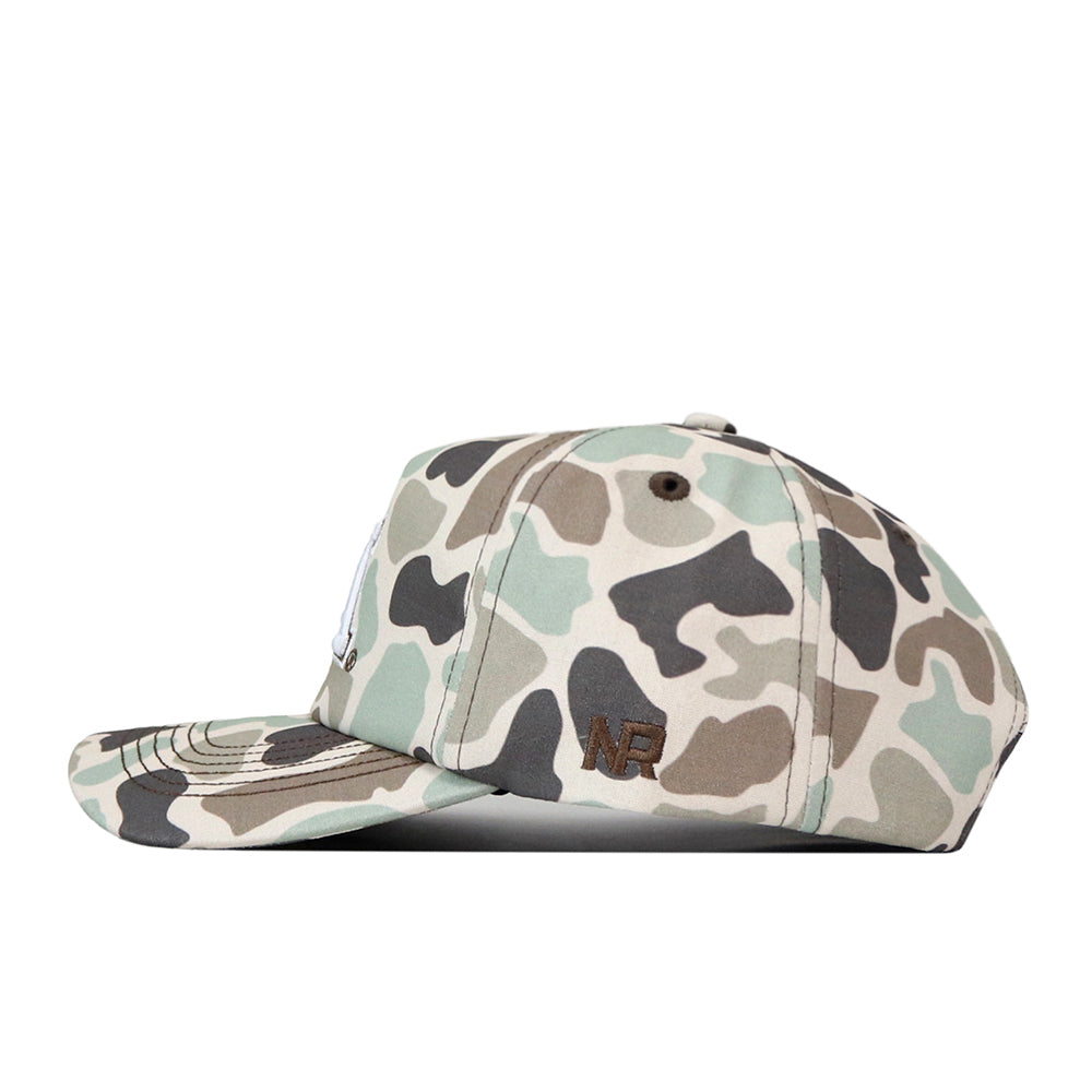 A side view of the No Rivals Minnesota Gophers Huntsman Hat showcases a green, beige, and brown camouflage pattern with a small embroidered NR logo on the side and a convenient snap back adjustment for the perfect gameday fit.