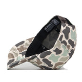 A Minnesota Gophers Huntsman Hat by No Rivals is displayed upside down, revealing the inside tag branded NO RIVALS. The hat showcases earth-tone camouflage colors—green, beige, and brown—and features a handy Snap Back Adjustment for the perfect gameday fit.