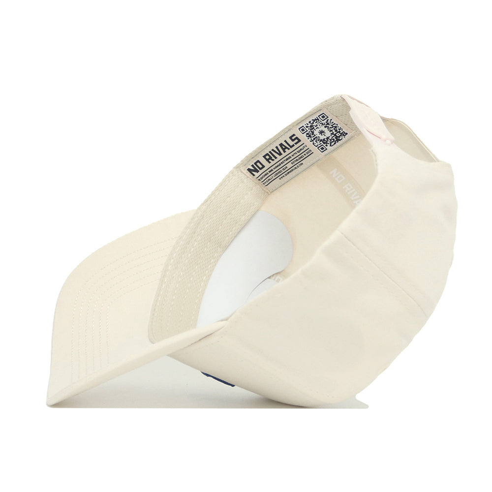 The Florida Sideline Hat by No Rivals is a cream-colored, high-quality cotton snapback baseball cap turned inside out to reveal the curved brim and inner label with NO RIVALS text and a QR code, displayed on a white background.