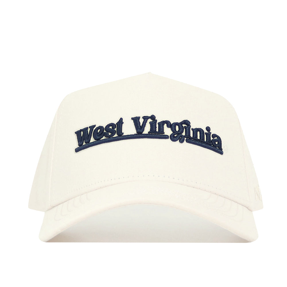 The No Rivals West Virginia Sideline Hat features "West Virginia" in dark blue embroidery on the front and is made from high-quality cotton for comfort and durability.