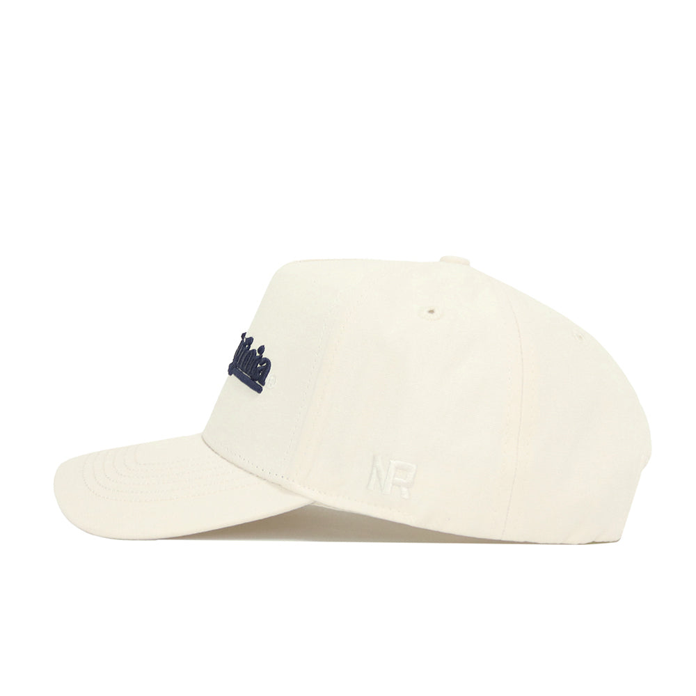 The No Rivals West Virginia Sideline Hat is a cream snapback made of quality cotton, featuring subtle side embroidery, a dark embroidered front logo, and a structured fit.
