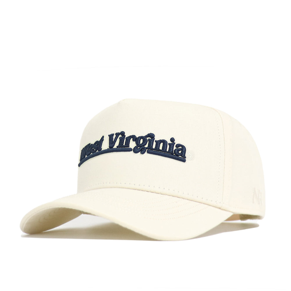 The No Rivals West Virginia Sideline Hat is a cream-colored, high-quality cotton baseball cap with "West Virginia" in dark blue embroidery on the front and a structured fit, displayed angled against a white background.