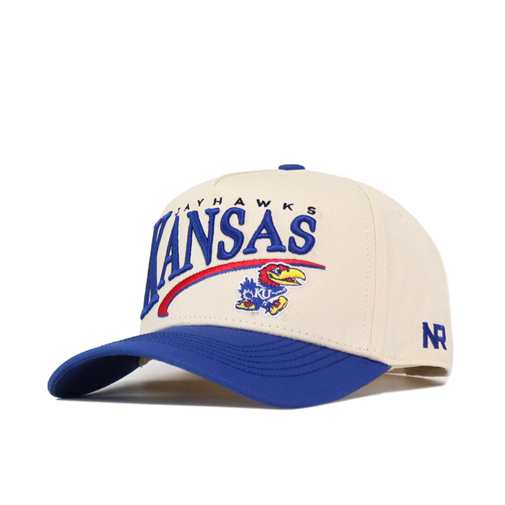 Show your team pride with the Kansas Jayhawks Stride Hat by No Rivals. This officially licensed beige and blue snapback cap features embroidered KANSAS JAYHAWKS text and the iconic Jayhawk mascot logo on the front, along with NR initials on the side of the brim.