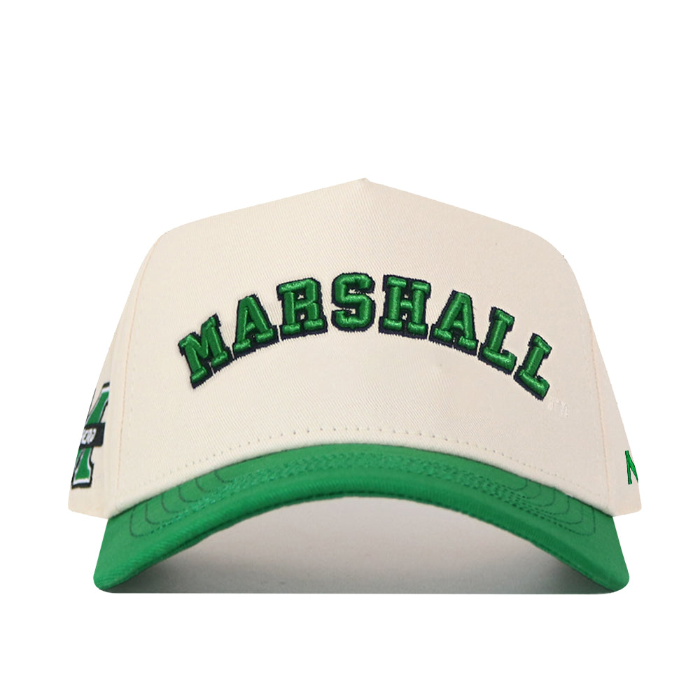 The Right Side Up Marshall Hat by No Rivals is a white and green structured baseball cap, featuring "MARSHALL" embroidered in green and black on the front, with a convenient snap-back closure for adjustable comfort.