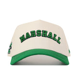 The Right Side Up Marshall Hat by No Rivals is a white and green structured baseball cap, featuring "MARSHALL" embroidered in green and black on the front, with a convenient snap-back closure for adjustable comfort.