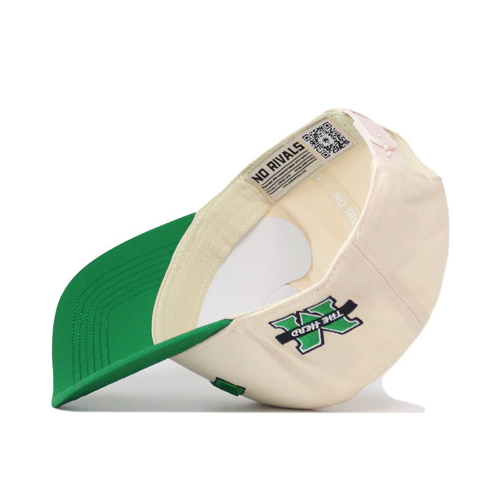 A cream and green Right Side Up Marshall Hat by No Rivals lies on its side, displaying its green brim and the NO RIVALS text inside. This cap offers a structured fit for lasting shape, with an embroidered X logo and THE GODS text on the front.