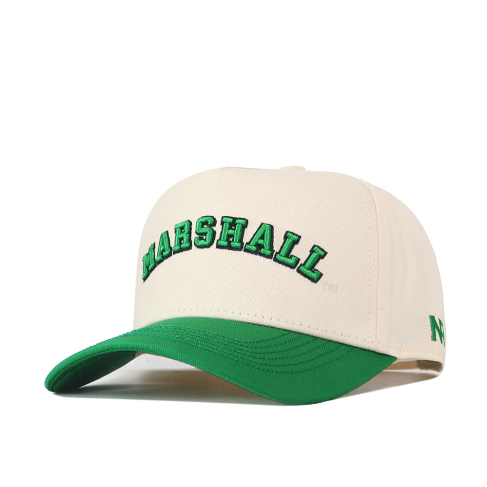 The No Rivals Right Side Up Marshall Hat features a structured cream design with a green brim and bold "MARSHALL" embroidery on the front, complete with a snap back closure for an adjustable fit.