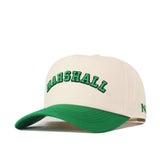 The No Rivals Right Side Up Marshall Hat features a structured cream design with a green brim and bold "MARSHALL" embroidery on the front, complete with a snap back closure for an adjustable fit.