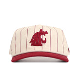 The No Rivals Washington State - Pinstripe snapback features a cream color, thin maroon stripes, a maroon brim, and an embroidered WSU cougar logo—ideal for your next gameday look.