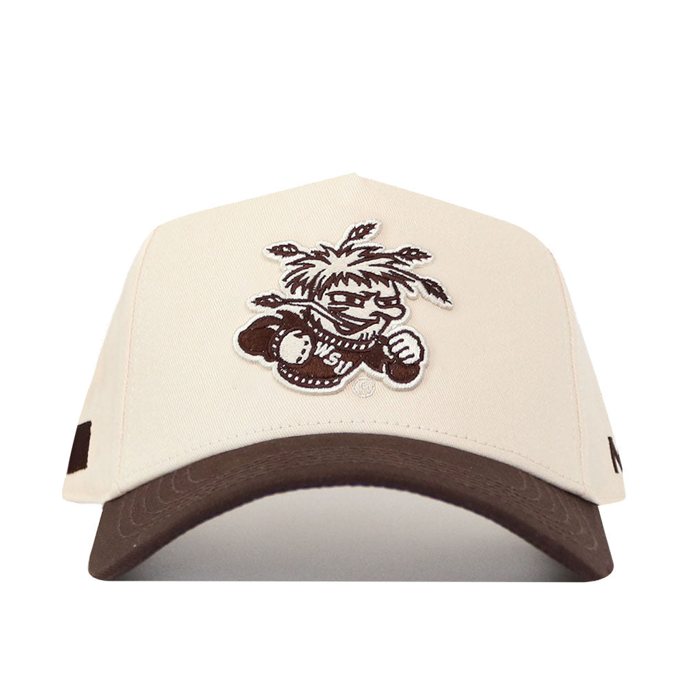 The No Rivals Wichita State Espresso Hat is a cream snapback baseball cap with a brown brim, made of high-quality cotton, and features an embroidered wild-haired cartoon in a WSU sweater on the front.
