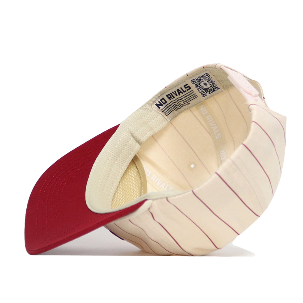 The Washington State Pinstripe Hat by No Rivals features high-quality cotton, a maroon brim, cream interior with “NO RIVALS” text and maroon pinstripes, snapback closure, and an interior QR code label.