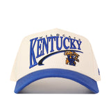 Introducing the No Rivals Kentucky Wildcats Stride Hat—a high-quality cotton baseball cap in white and blue. This structured fit hat features prominent Kentucky Wildcats text, a wildcat mascot graphic, and the iconic UK logo on the front. For adjustable comfort, it also includes a convenient snap back closure.