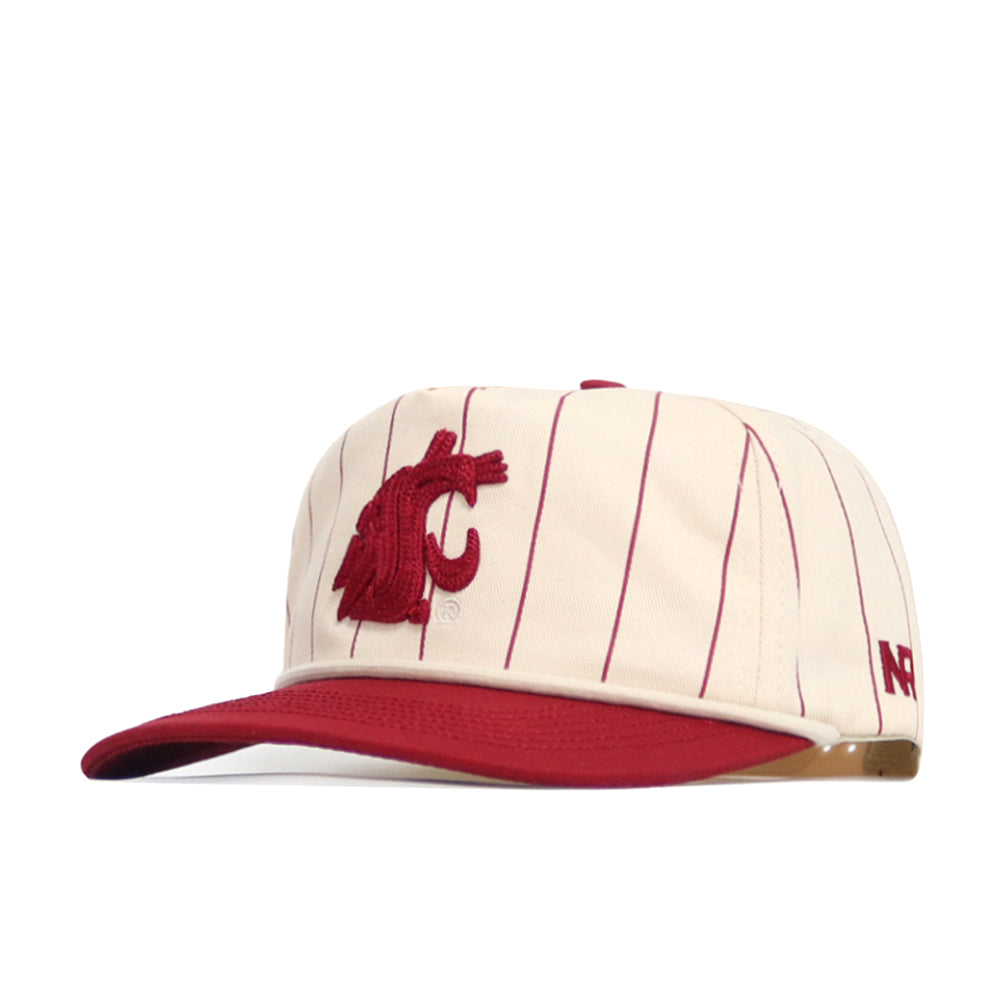 The No Rivals Washington State Pinstripe Hat features thin red stripes on cream, a red brim, and a red embroidered cougar with "WSU" on the front. Made of quality cotton with a snapback fit, plus an “NC” logo on the right side.