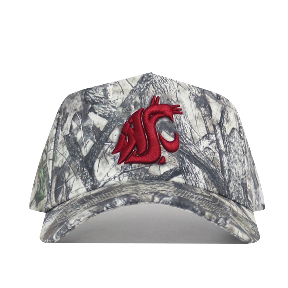 The No Rivals Washington State Outland Hat is a camouflage snapback cap with a red embroidered cougar logo on the front—perfect for topping off your gameday outfit.