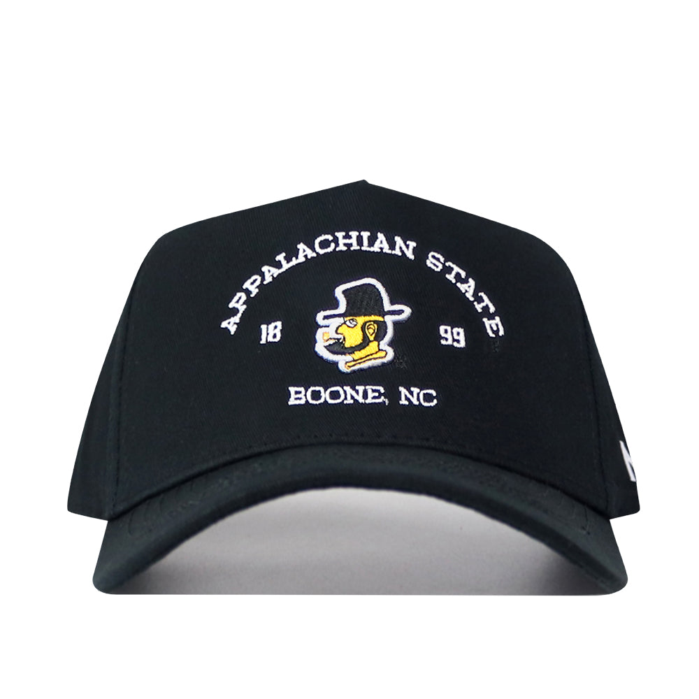 The App State Outlaw Hat - Black by No Rivals features APPALACHIAN STATE text, a yellow and black embroidered mountaineer mascot logo, "1899," and "BOONE, NC" on the front. Made from high-quality cotton, it offers a comfortable fit with its adjustable snap back closure.