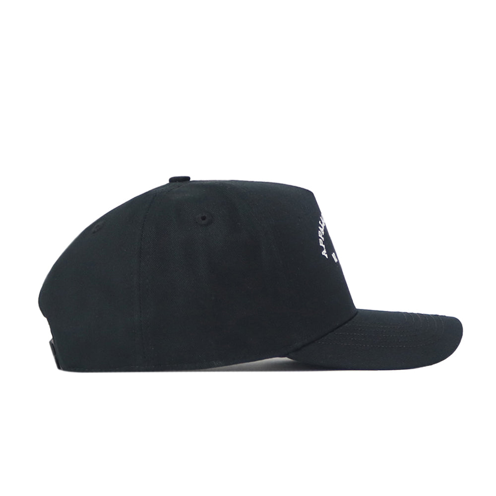 The No Rivals App State Outlaw Hat in black is displayed from the side against a white background. Crafted from high-quality cotton, this hat features a curved brim and an adjustable strap at the back.