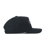The No Rivals App State Outlaw Hat in black is displayed from the side against a white background. Crafted from high-quality cotton, this hat features a curved brim and an adjustable strap at the back.