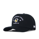 The App State Outlaw Hat - Black by No Rivals is a black baseball cap with a curved brim, crafted from high-quality cotton. It features an embroidered Appalachian State logo, a yellow mascot face, and "Appalachian State, Boone, NC" text on the front. The side showcases white "NR" letters for the No Rivals brand, and it includes a convenient snapback adjustment for a comfortable fit.