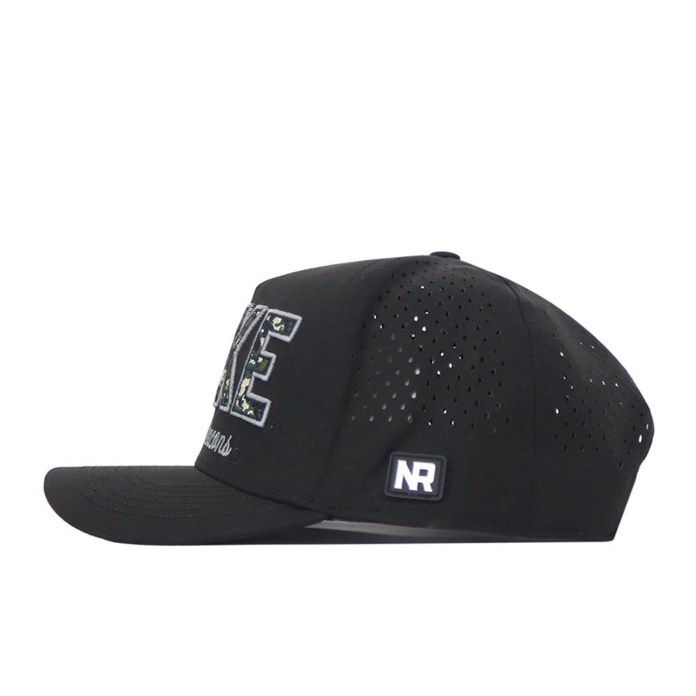 The Wake Forest Camo Block Hat by No Rivals features perforated side panels, bold embroidered front logos, and a small rectangular NR logo patch on the side—perfect for elevating your gameday fit.