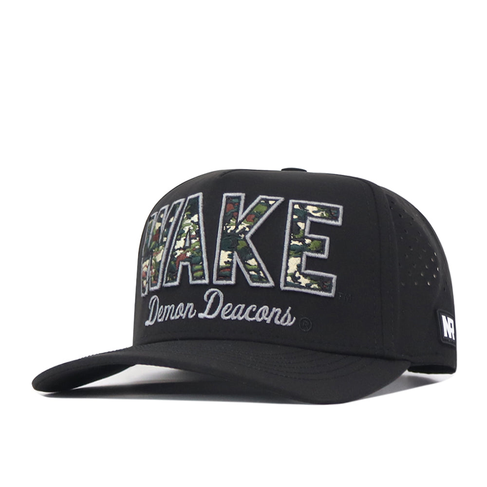 The Wake Forest Camo Block Hat by No Rivals features WAKE Demon Deacons embroidered on the front in patterned and white lettering. This black cap includes classic embroidered logos, a flat brim, perforated side panels, and a snapback design—perfect for your gameday look.