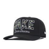 The Wake Forest Camo Block Hat by No Rivals features WAKE Demon Deacons embroidered on the front in patterned and white lettering. This black cap includes classic embroidered logos, a flat brim, perforated side panels, and a snapback design—perfect for your gameday look.