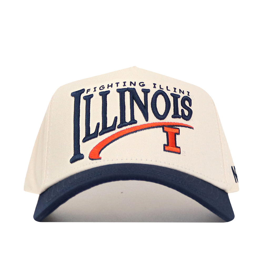 The No Rivals Illinois Fighting Illini Stride Hat is a cream and navy snapback featuring embroidered Fighting Illini ILLINOIS logos and a bold block orange "I" on the front—perfect for finishing your gameday look.
