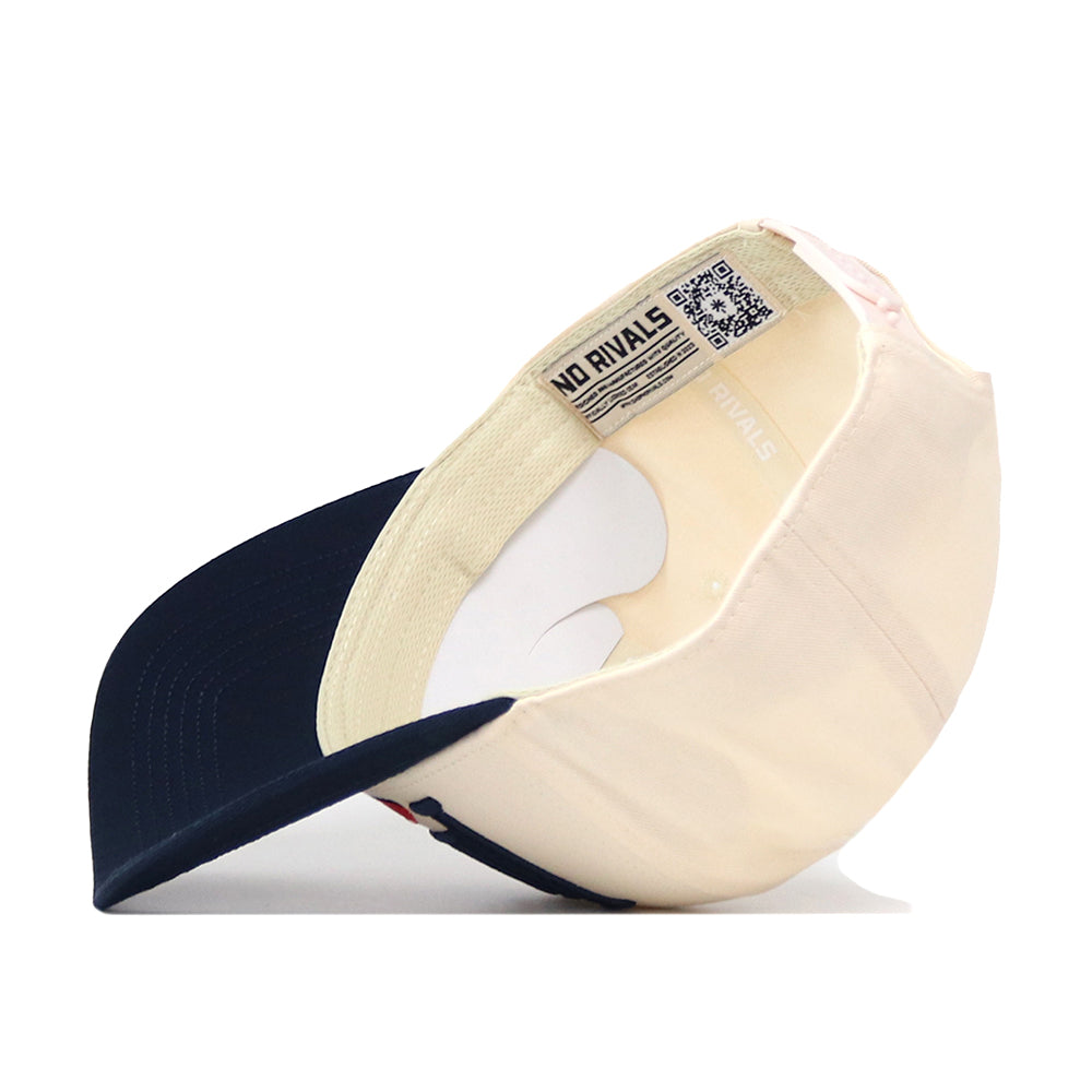 The Illinois Fighting Illini Stride Hat by No Rivals is displayed from the underside, showcasing the interior tags, a QR code, and "NO RIVALS" printed inside. This snapback cap combines classic style and thoughtful details, making it the perfect addition to your gameday outfit.