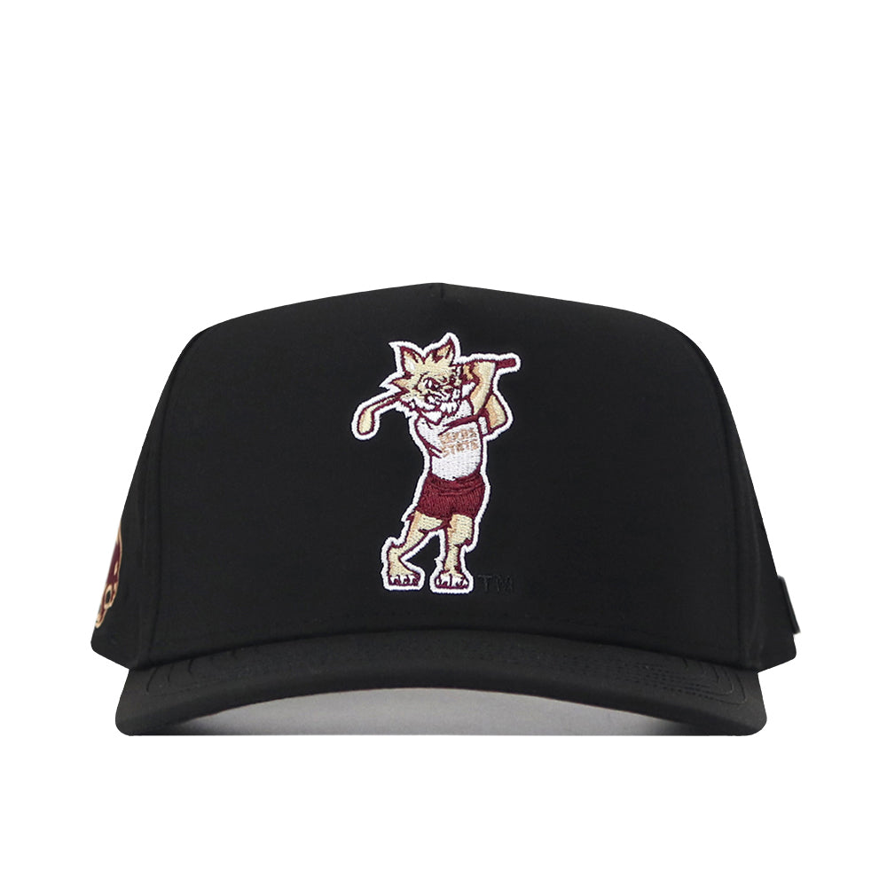 The No Rivals Texas State Golf Hat - Black is a snapback baseball cap featuring embroidered graphics of a cartoon wildcat swinging a golf club on the front—an ideal choice for anyone looking for a standout golf hat with personality.