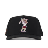 The No Rivals Texas State Golf Hat - Black is a snapback baseball cap featuring embroidered graphics of a cartoon wildcat swinging a golf club on the front—an ideal choice for anyone looking for a standout golf hat with personality.