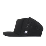 Introducing the Texas State Golf Hat - Black by No Rivals: This sleek, flat-brim golf hat features small ventilation holes on the side panels for breathability and a convenient snap back closure for an adjustable fit. Detailed embroidered graphics and a rectangular No Rivals patch with white “NR” lettering on the side panel complete its sporty, modern look.