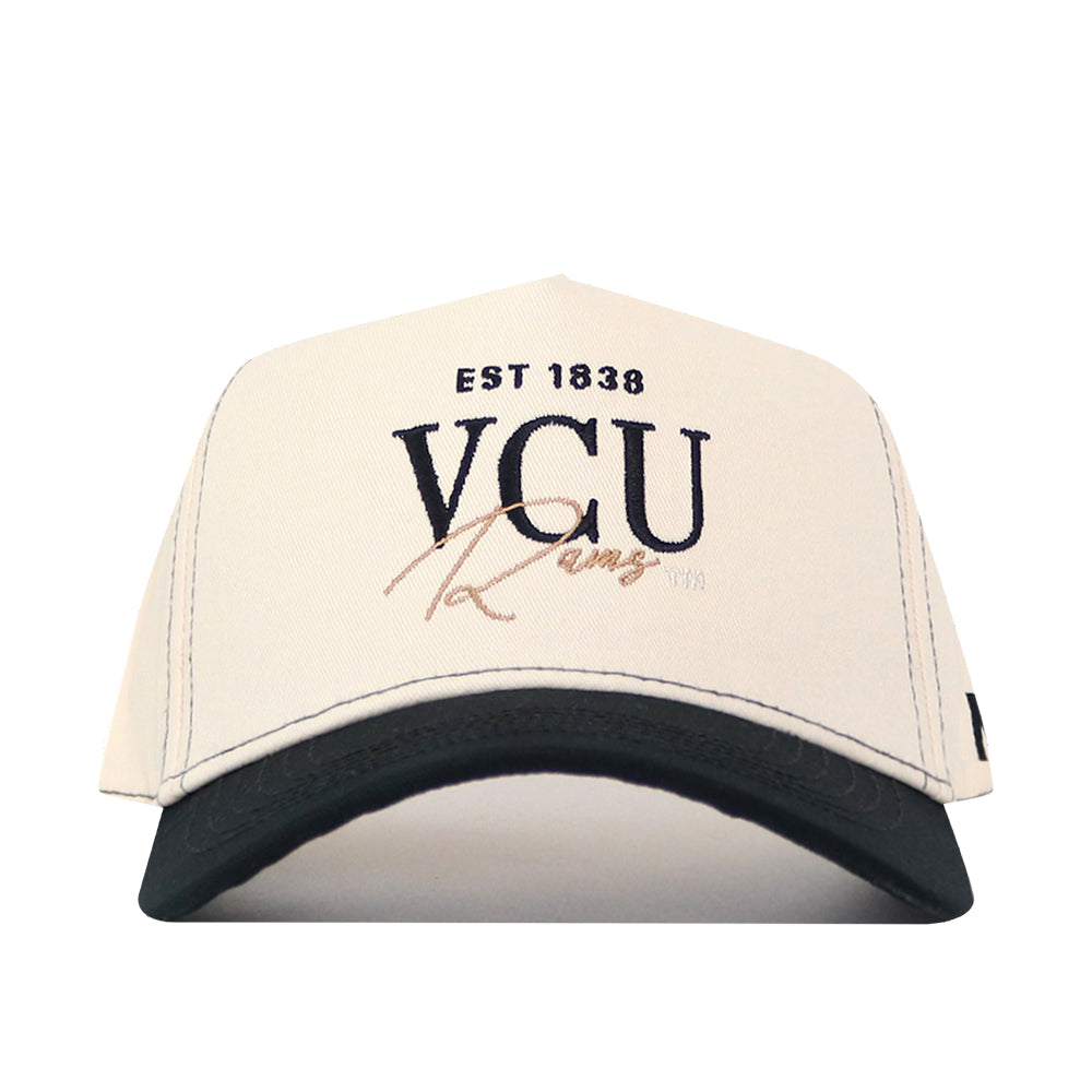 Introducing the No Rivals VCU Rams Vintage Hat—a white and black snapback baseball cap featuring a bold “EST 1838 VCU Rams” embroidered logo in black and gold on the front, making it the perfect addition to your gameday outfit.