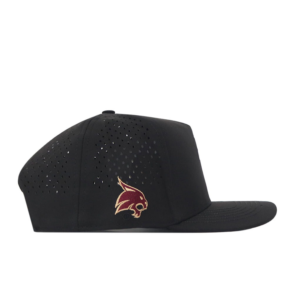 The Texas State Golf Hat - Black from No Rivals features a flat brim, small ventilation holes, and a maroon and gold embroidered bobcat logo on the side. Shown in profile against a white background, this hat blends classic golf style with modern embroidery.