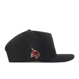 The Texas State Golf Hat - Black from No Rivals features a flat brim, small ventilation holes, and a maroon and gold embroidered bobcat logo on the side. Shown in profile against a white background, this hat blends classic golf style with modern embroidery.