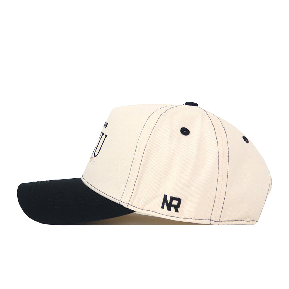 Sure! Here’s your sentence rewritten with the given product data: The No Rivals VCU Rams Vintage Hat features a beige crown with a black brim, black stitching, and embroidered NR initials on the side, plus a classic snap back closure for the perfect gameday fit.