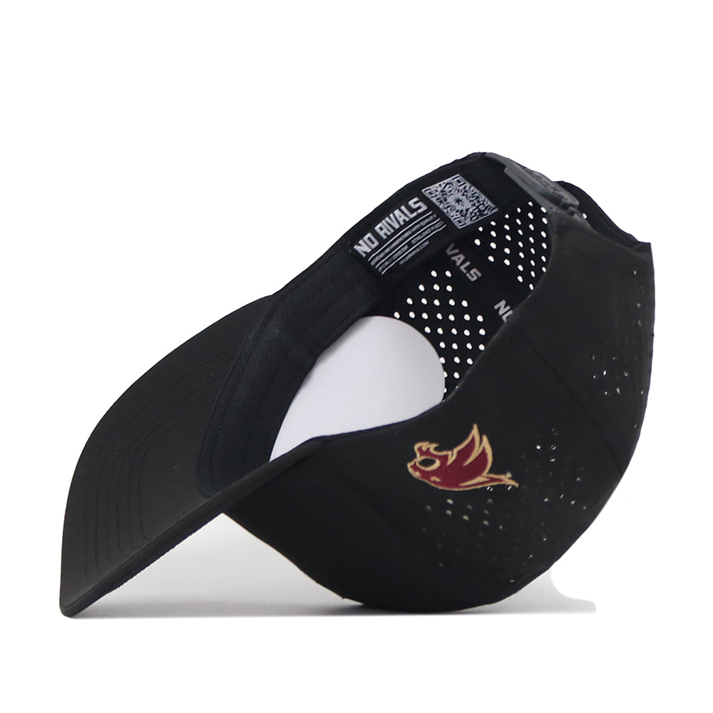 Show off your style with the Texas State Golf Hat in black by No Rivals—a classic baseball cap turned sideways, featuring bold embroidered red and gold flame graphics on the side and perforated holes on the back panel. The inside is finished with a signature NO RIVALS label, while an adjustable snapback closure offers a golf hat-inspired fit.