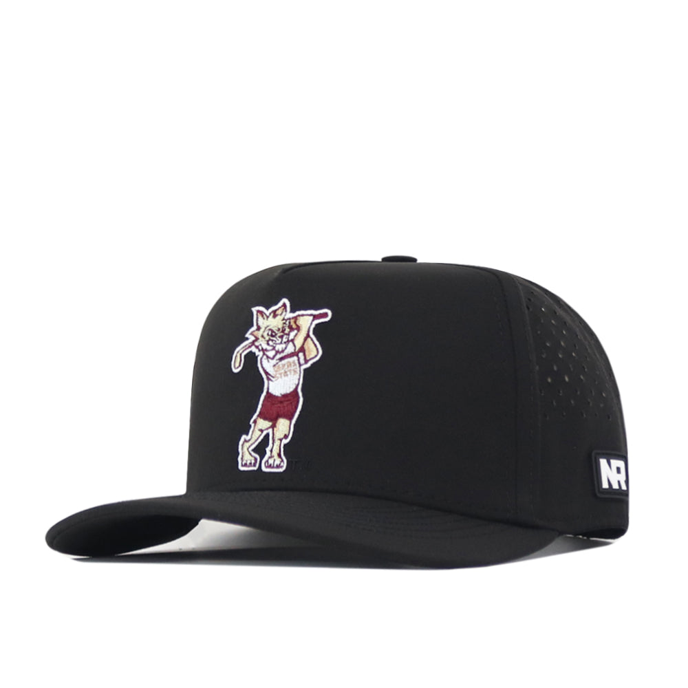Introducing the Texas State Golf Hat - Black by No Rivals, featuring a patch of a cartoon wildcat swinging a golf club on the front, detailed embroidered graphics, and “NR” in white letters on the side. The hat is finished with a classic snapback closure for an adjustable fit.